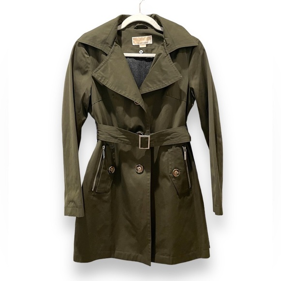 Michael Kors Belted Rain Trench Coat Removable Lining Hood Olive Green Size PXS - Picture 2 of 13